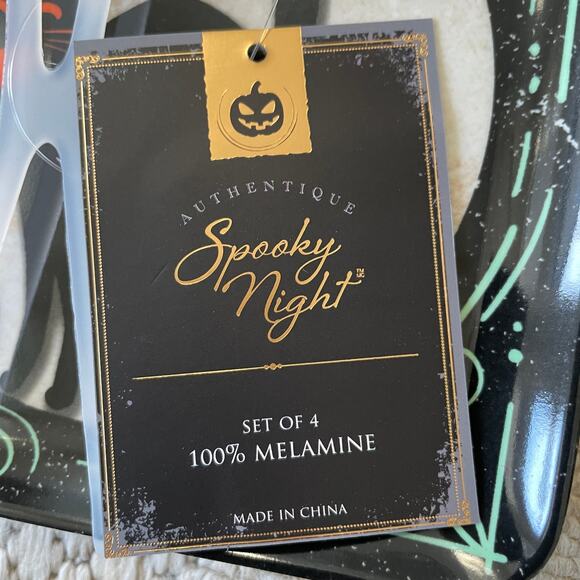 Spooky Night Halloween Melamine Appetizer Plates 5.75in Set Of 4 Black & Orange - Picture 6 of 9